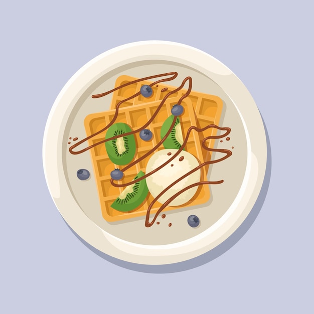 Vector illustration of a Belgian waffle with a ball of ice cream, kiwi, blueberries and chocolate sauce.