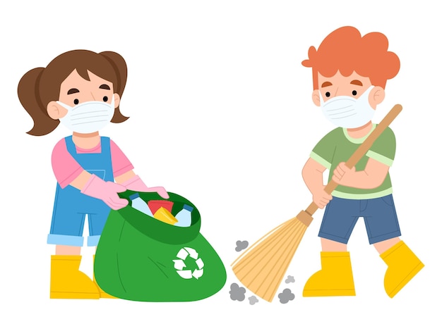 Vector vector illustration of boy and girl cleaning the environment