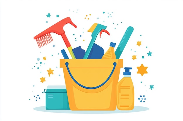 Vector vector illustration cleaning tools in bucket