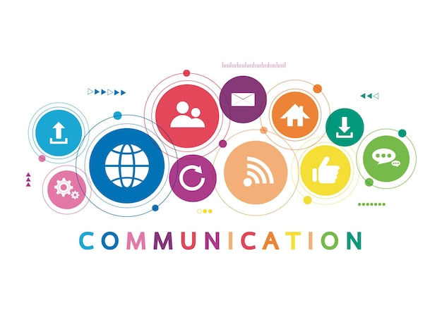 Vector illustration of a communication concept The word communication with colorful dialog speech bubbles