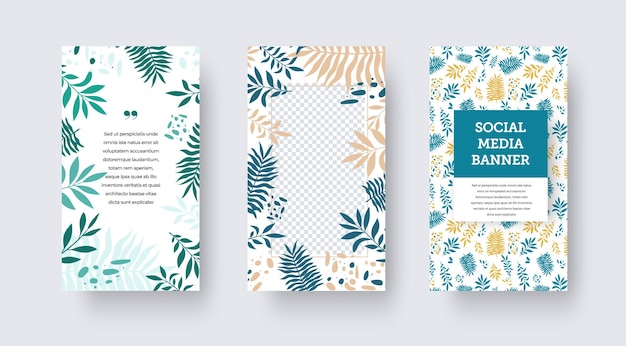 Vector illustration cover for social media post design with tropical palm leaves exotic twigs in blue green nude colors