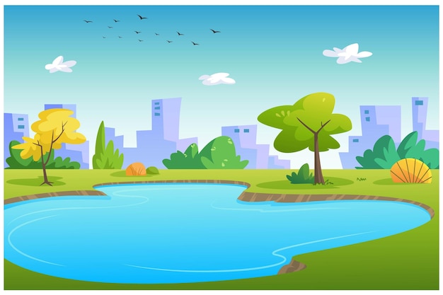 Vector illustration of distant buildings and a pond in the middle of a shady garden
