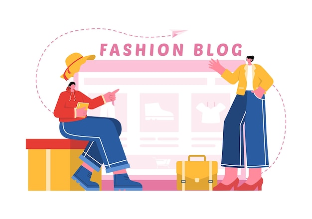 Vector vector illustration for a fashion blog with bloggers reviewing videos of fashionable clothing trends featuring an online runway in a flat background
