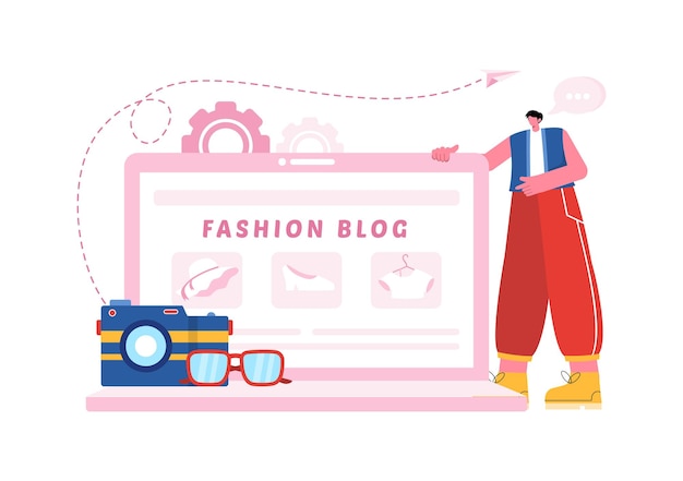 Vector vector illustration for a fashion blog with bloggers reviewing videos of fashionable clothing trends featuring an online runway in a flat background