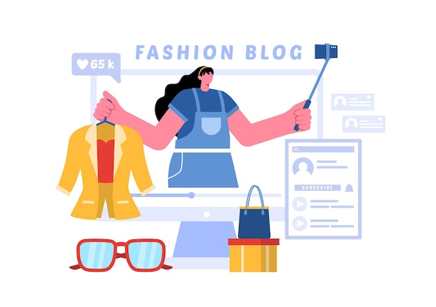 Vector vector illustration for a fashion blog with bloggers reviewing videos of fashionable clothing trends featuring an online runway in a flat background