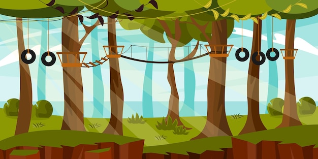 Vector illustration of a funny adventure park Cartoon forest landscape with different obstacles on trees and suspension bridges