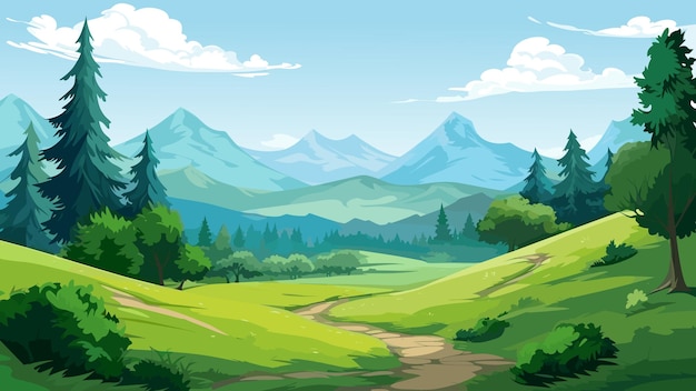 Vector illustration of green forest and mountain background with blue sky and white clouds