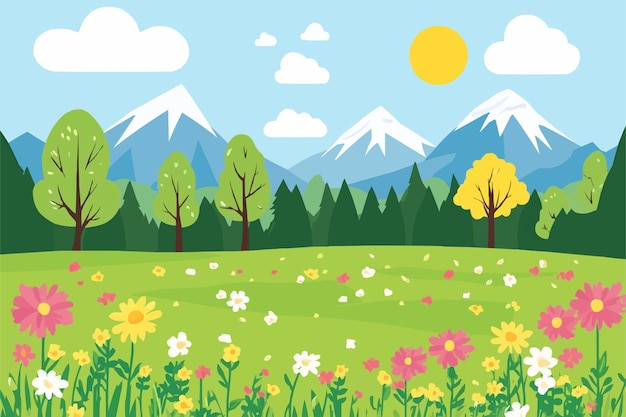 Vector vector illustration of a green meadow with trees flowers and mountains in the background