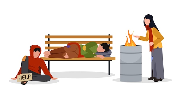 Vector vector illustration of homeless people isolated on white background poor hungry homeless characters men with a sign lying on a bench and a woman warming herself by the fire in a cartoon style