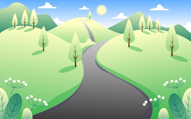 Vector vector illustration of landscape view of green hills during the day