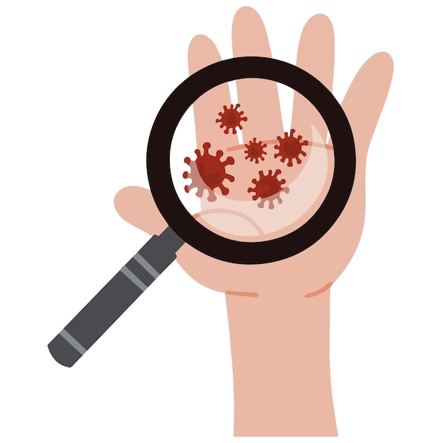 Vector vector illustration the magnifier is aimed at the hand with viruses bacteria