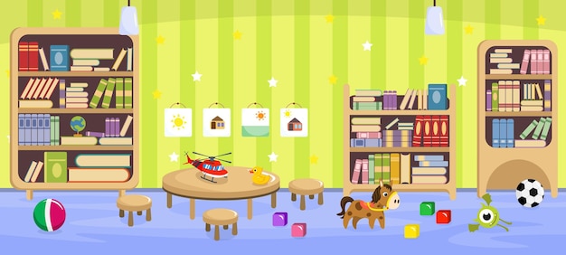 Vector illustration of modern interior kindergarten Cartoon interior with shelves with books different toys table and chairs children's drawings