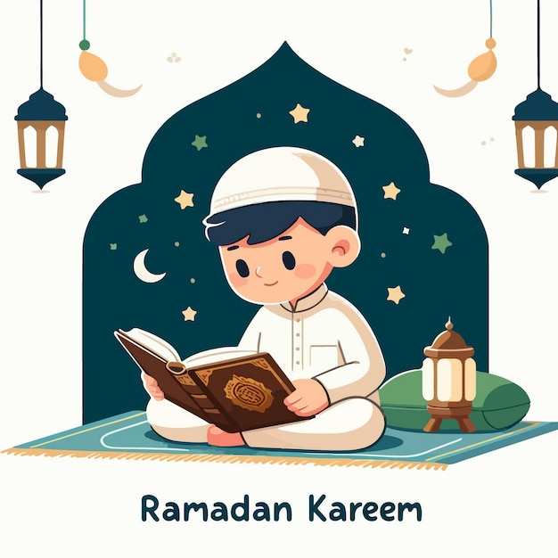 Vector Illustration Of Muslim Kids Celebrating Ramadan in flat design style