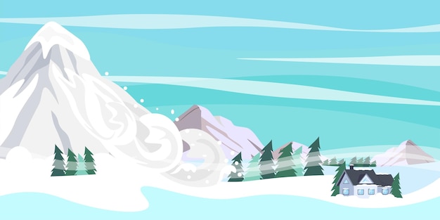 Vector illustration natural disaster Cartoon landscape with snow avalanche that descends from the mountains to forests and houses