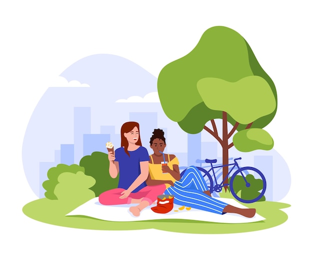 Vector illustration of a picnic in nature Cartoon scene of girls sitting on the lawn eating and drinking having a picnic outside the city with a bicycle isolated on a white background