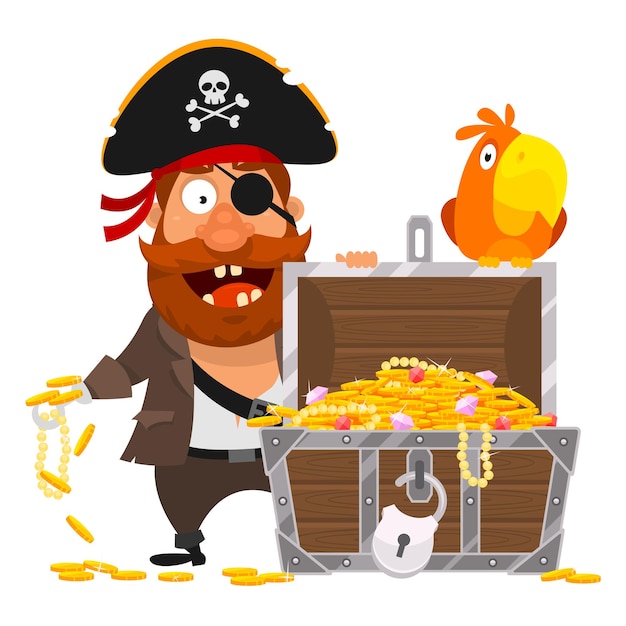 Vector Illustration, Pirate parrot and chest of gold, format EPS 10