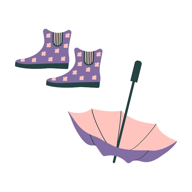 Vector vector illustration of a purple umbrella and rubber boots rainy weather in spring