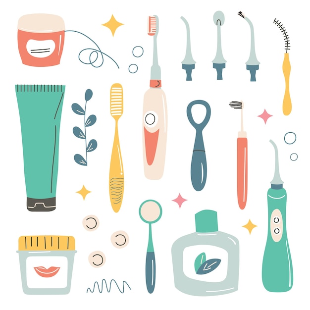 Vector illustration set of dental hygiene tools collection with toothbrush toothpaste floss