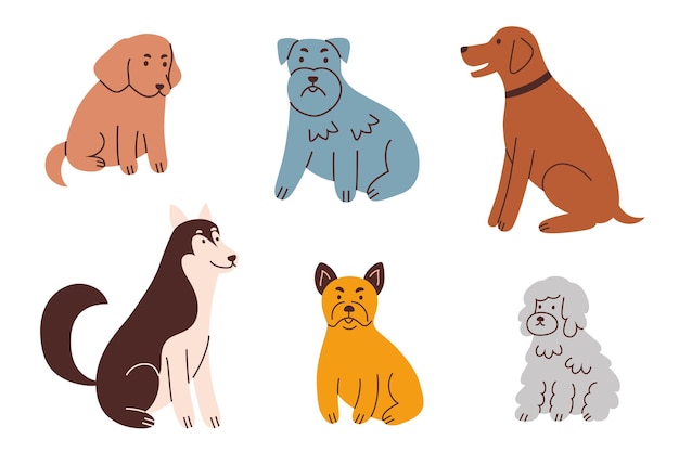 Vector vector illustration set of dogs puppies of various breeds bulldog husky schnauzer poodle cute and