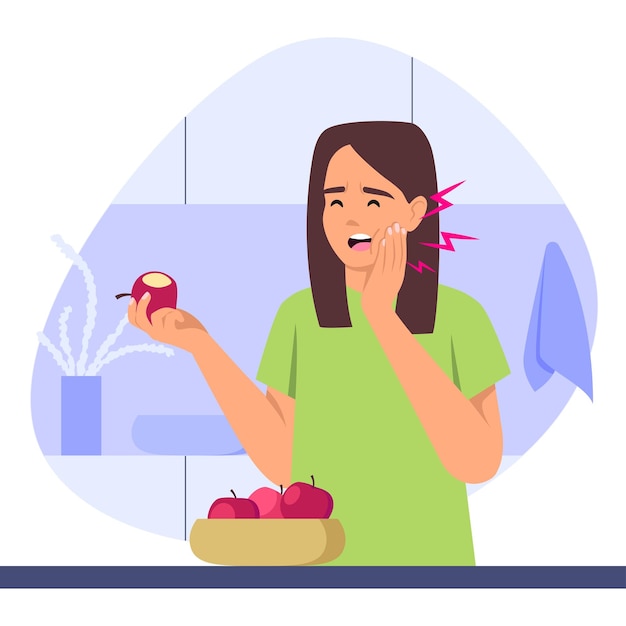 Vector illustration of toothache Cartoon scene with a girl who ate an apple and got a toothache and points of pain on white background