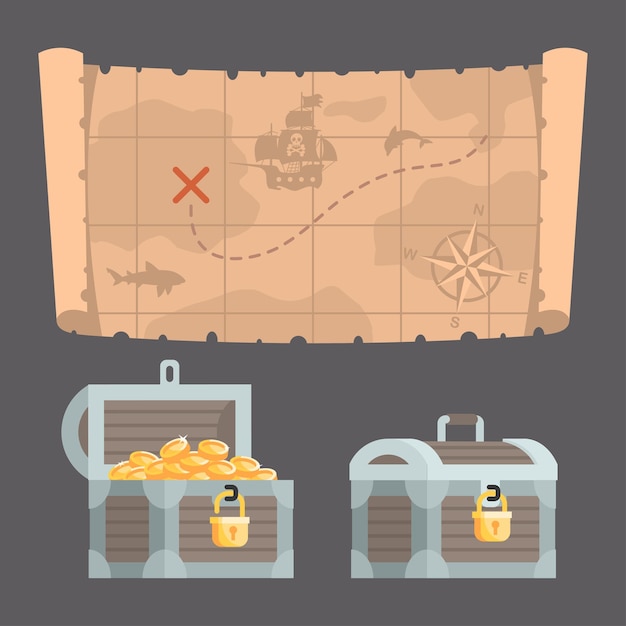 Vector Illustration, Treasure map and chest with gold, format EPS 10