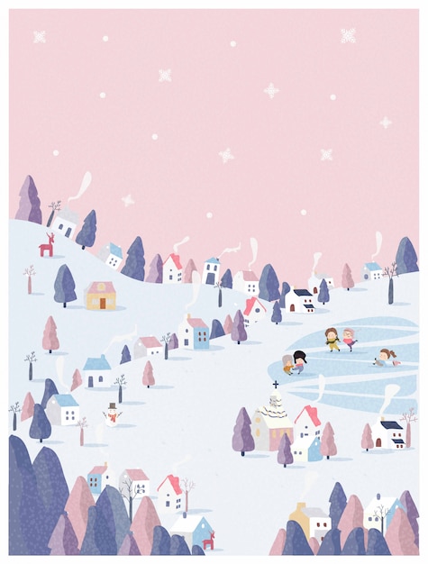 Vector illustration of winter wonderland in pink pastel background. 