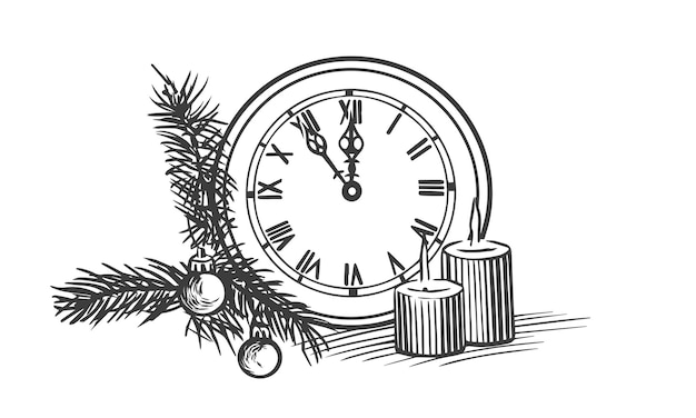 Vector illustration with clock candles and fir branches