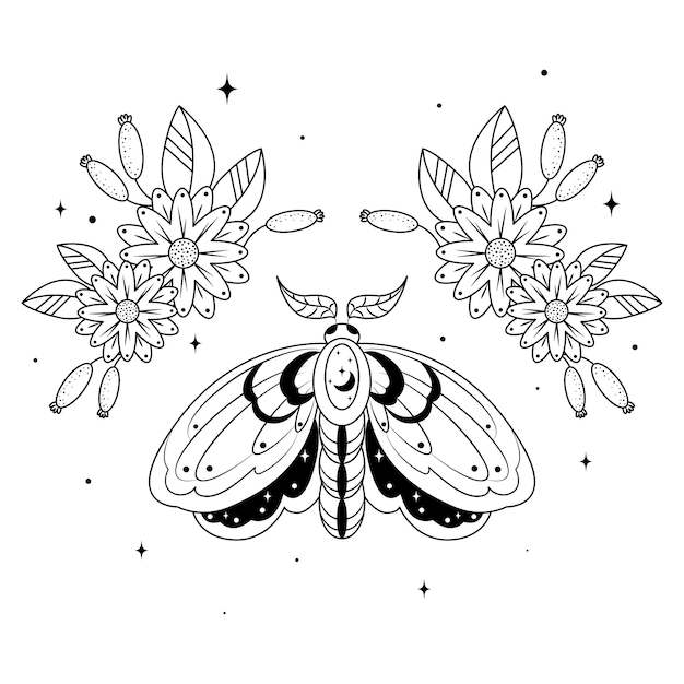 vector illustration with a magical night butterfly, black silhouettes of flowers