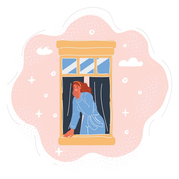 Vector vector illustration of woman look out window breathing fresh air