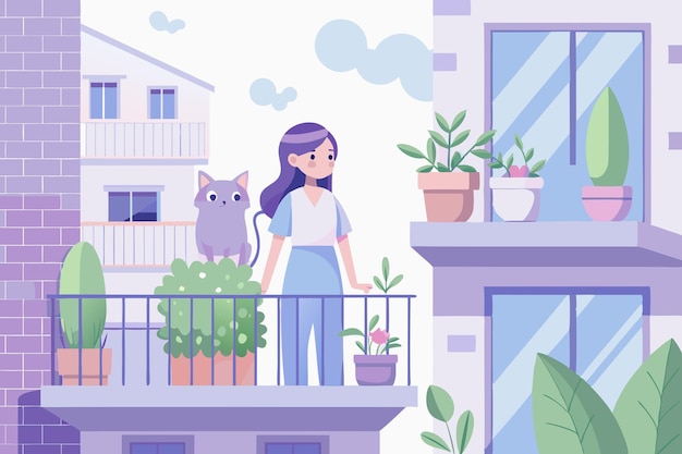 Vector vector illustration of woman with her cat standing on the balcony and looking at the city