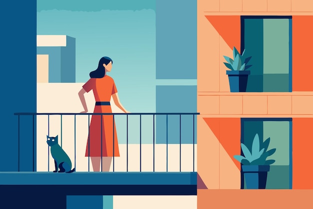 Vector vector illustration of woman with her cat standing on the balcony and looking at the city