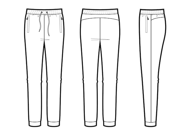 Vector illustration of women's joggers pants Front back and side views for sports wear Teshnikal sketch