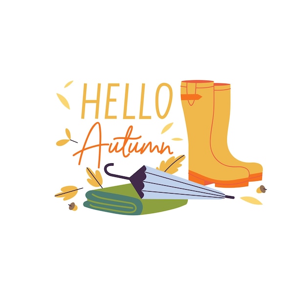 Vector vector illustrationset of autumn accessories rubber boots and an umbrella with a scarf fall lettering