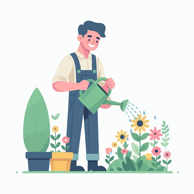 Vector vector image of man watering flowers