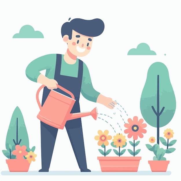 Vector vector image of man watering flowers