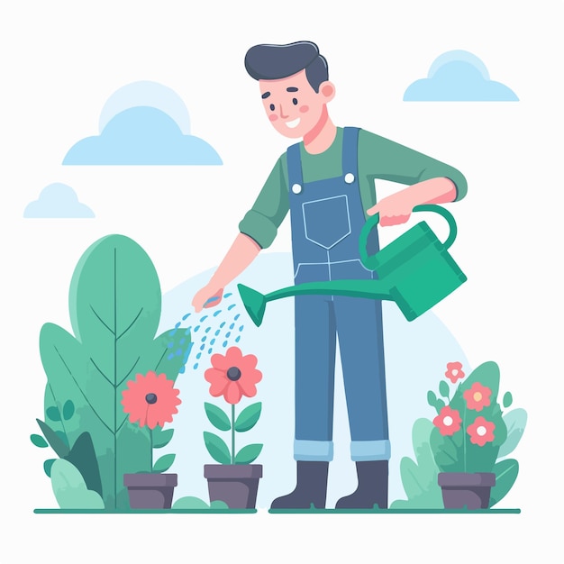 Vector vector image of man watering flowers