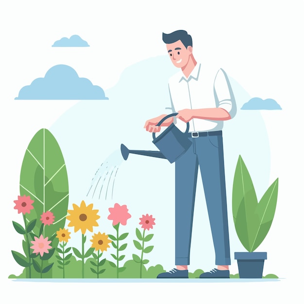 Vector vector image of man watering flowers