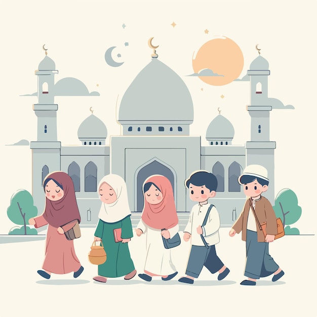 vector image of Muslim children going to the mosque