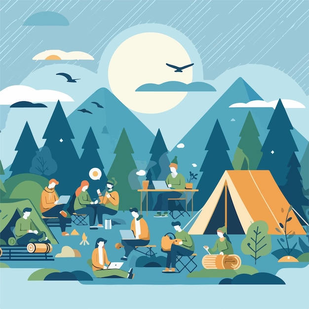 Vector vector image of people camping