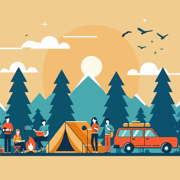 Vector vector image of people camping