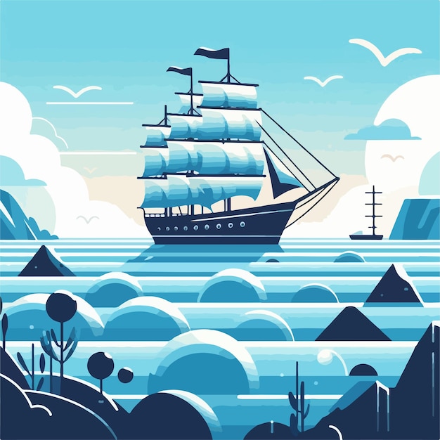 Vector vector image of a ship sailing on the ocean