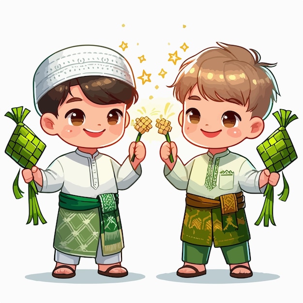 Vector image of two young children celebrating Eid alFitr