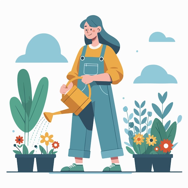 Vector vector image of woman watering flowers