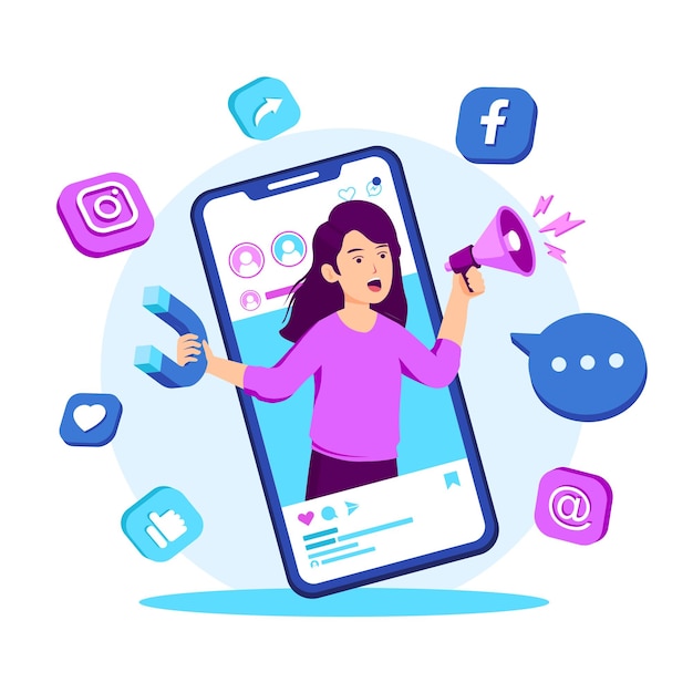 Vector influencer social media marketing on mobile concept illustration