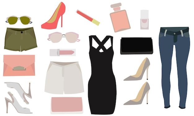 Vector, isolated, feminine fashion accessories, dress, shoes, accessories