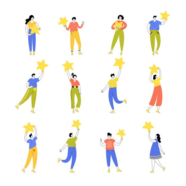 Vector vector isolated illustration of people standing and holding star. feedback and customer review.