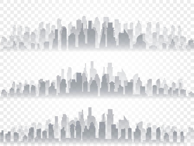 Vector vector isolated silhouette set of big city town skyscrapers building business centers twilight blue sunset panorama of the city on the horizon urban design vector illustration