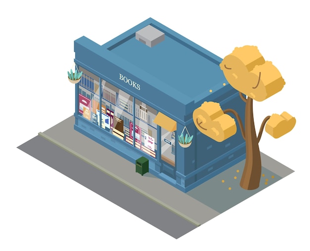 Vector vector isometric book shop building. showcase with books.