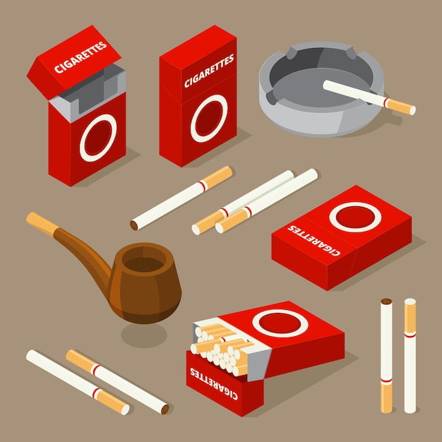 Vector vector isometric illustrations of cigarettes and various accessories for smokers