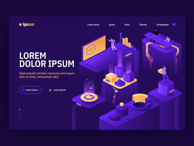 Vector vector landing page of isometric tech concept data center with server huge laptop operators analyze statistical data teamwork on project futuristic abstract office character banner illustration